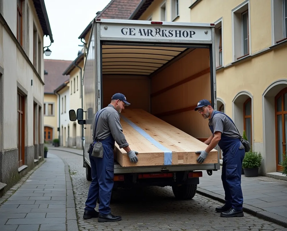 Delivery truck with workshop branding opens doors in front of classic German townhouse
