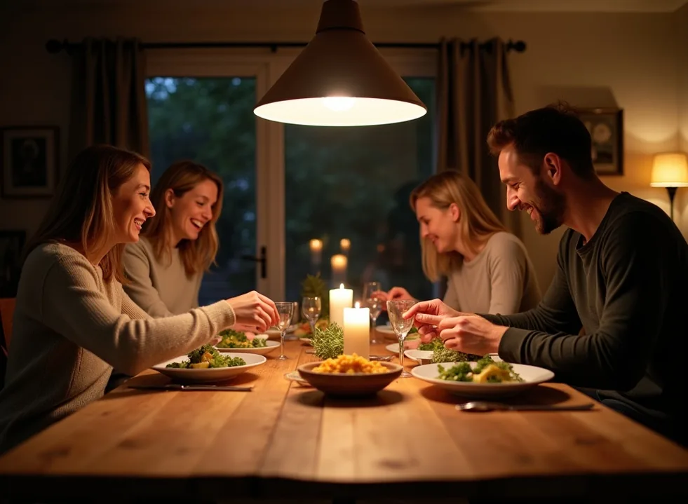 Family of four seated around massive reclaimed ash dining table during dinner gathering