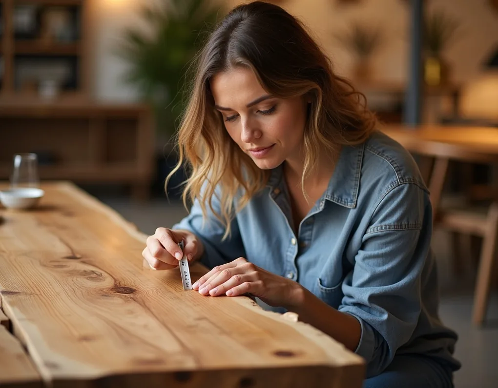 Female interior designer crouches beside reclaimed wood dining table in design showroom