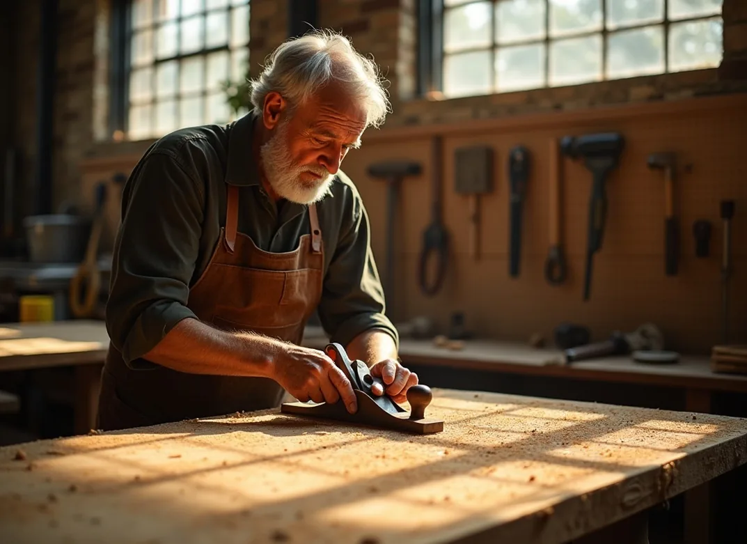 Master craftsman in leather apron hand-planing thick reclaimed wood surface