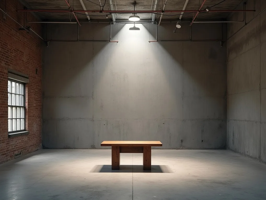 Iconic reclaimed wood writing desk placed in center of vast empty loft space with concrete floors