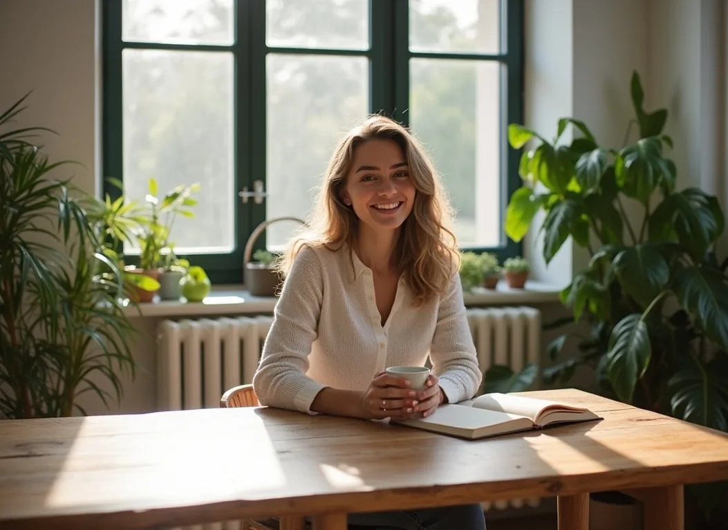 Young woman at large reclaimed walnut dining table in bright Scandinavian-style Berlin apartment