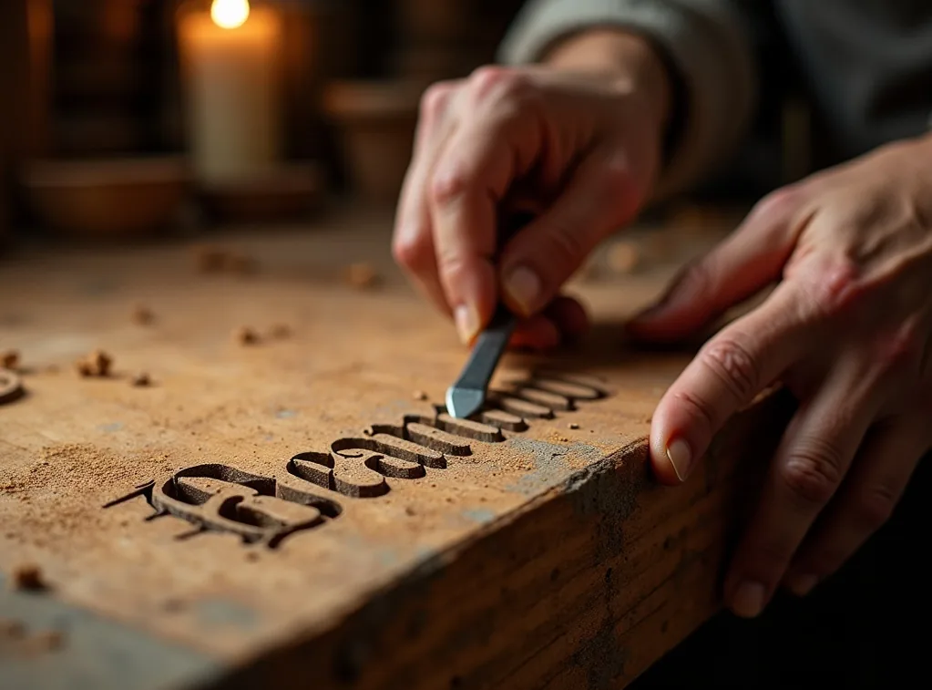 Close-up of rough weathered hands using steel chisel to carve name inscription into edge of wood