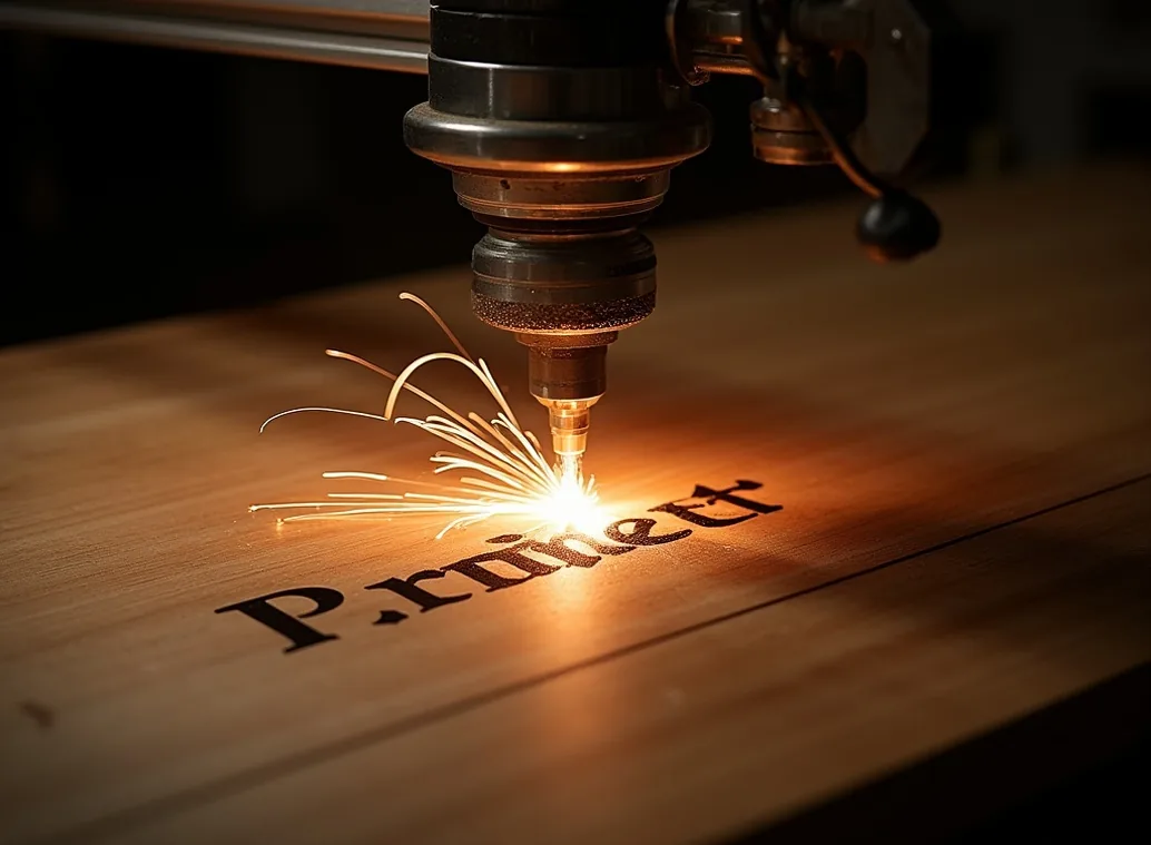 Laser engraving machine etching family name into wooden apron of dining table