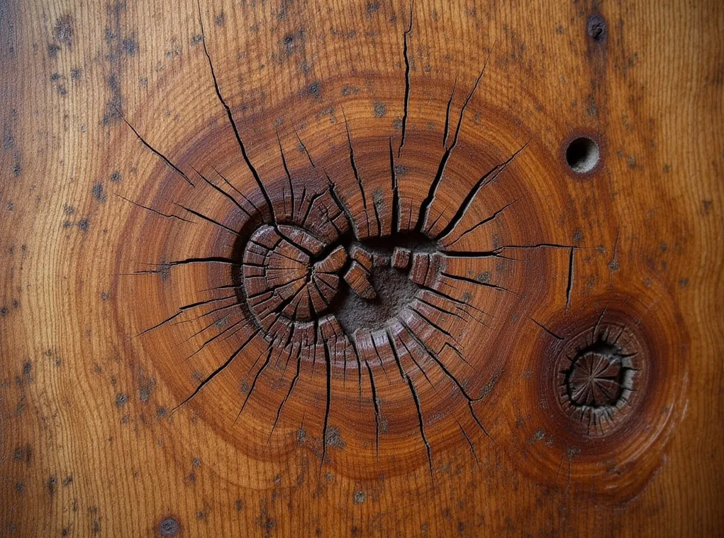 Extreme close-up of reclaimed wood grain showing deep cracks knots and aged patina