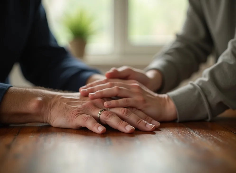 Hands of two generations elderly man and young child both resting on surface of thick wood table