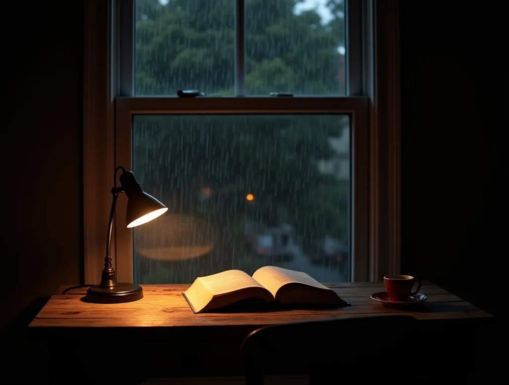 Dimly lit home office with reclaimed wood writing desk as centerpiece at night