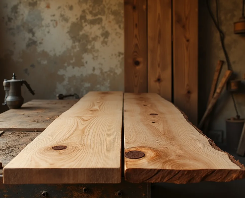 Time-lapse composite showing wooden plank journey from weathered old barn wall to finished furniture