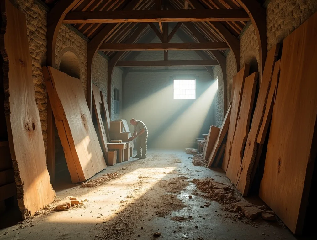 Wide-angle view of rustic German barn workshop interior converted into furniture atelier