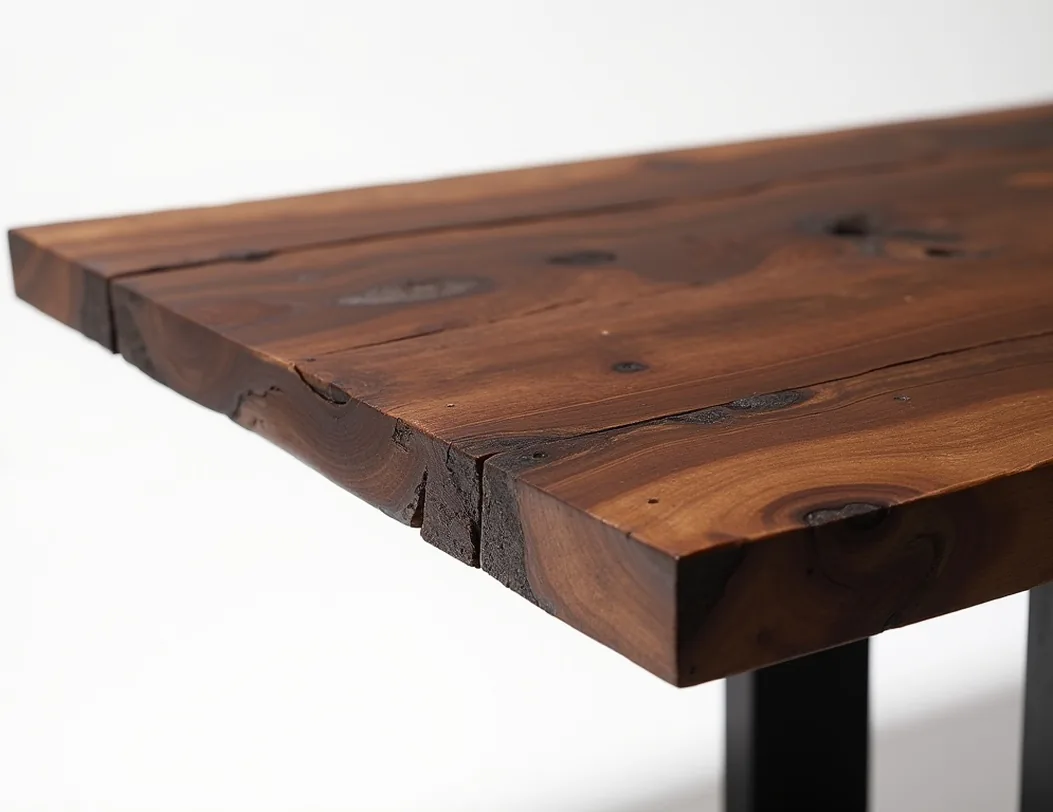 Reclaimed American black walnut dining table close-up macro studio shot