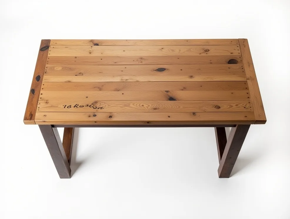 Reclaimed pine atelier standing desk top-down flat lay aerial studio shot
